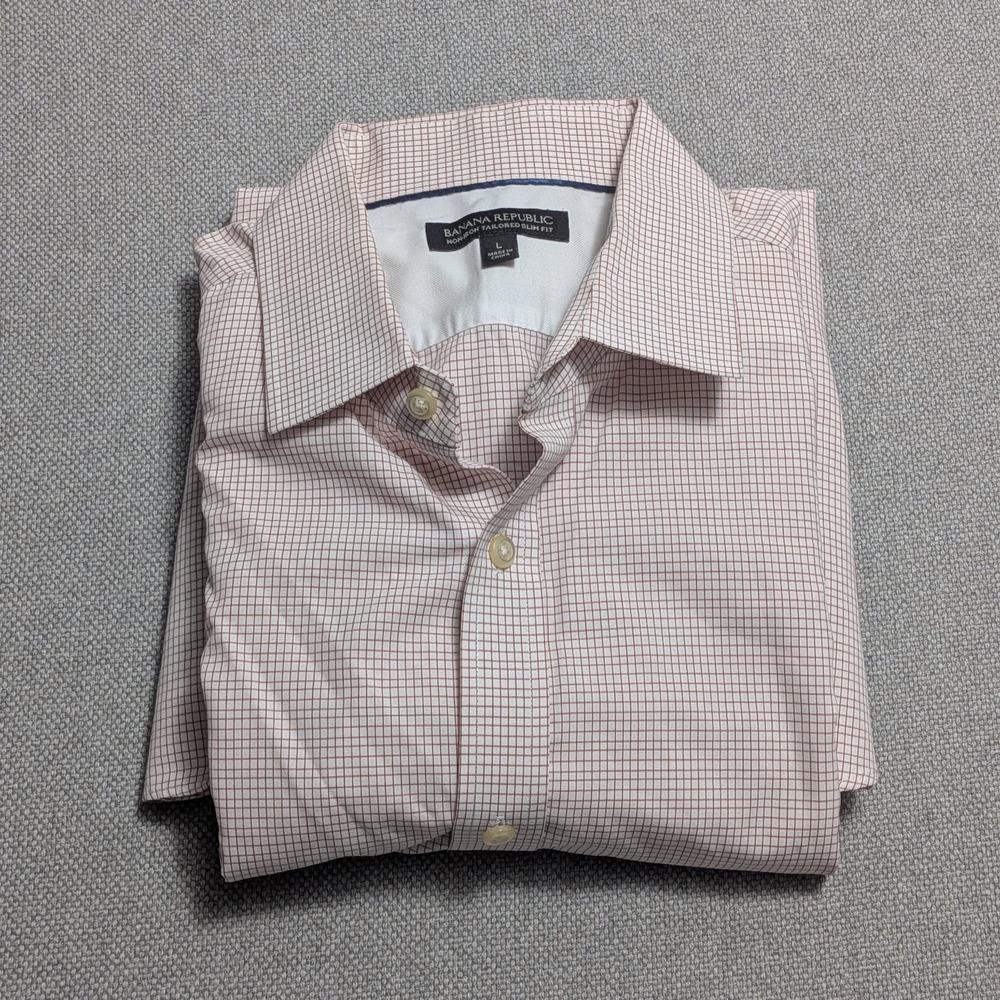 Banana Republic Men's Dress Shirt L White Red-Brown Grid Slim Fit No-Iron